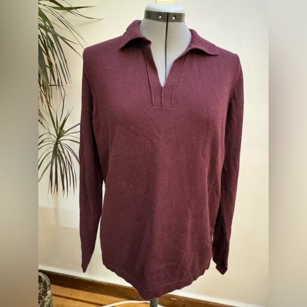 Eddie Bauer Pima Cotton Cashmere Knit V-Neck Polo Sweater Maroon